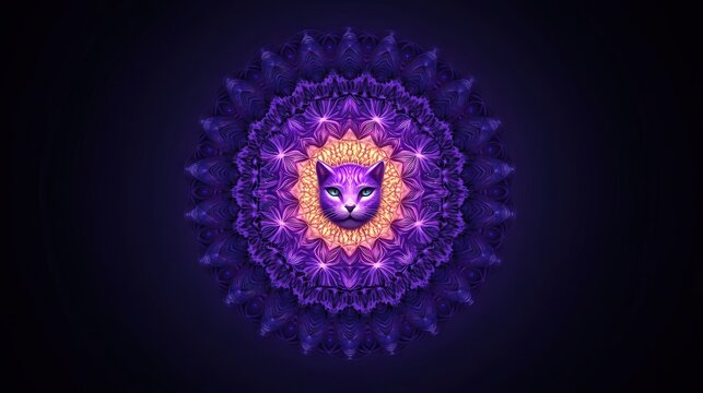 A vibrant mandala features a stylized cat face at its center, surrounded by intricate, colorful patterns, This image is ideal for art projects, digital designs, or as a decorative element, - Powered by Adobe