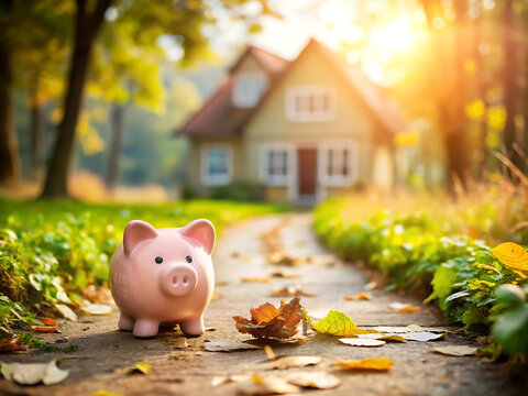Pink piggy bank on a path leading to a house in autumn with sunlight shining through trees