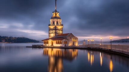 A tranquil waterfront scene showcasing a beautifully illuminated tower at twilight, reflecting on still waters, Ideal for travel blogs, websites