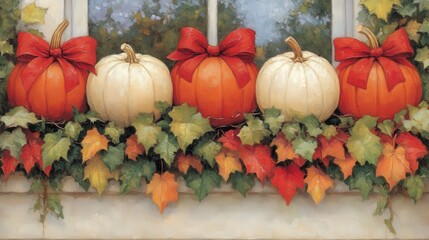 A festive arrangement of pumpkins in orange and white adorned with bows sits against a window, surrounded by vibrant autumn leaves, Ideal for seasonal decor, invitations, or advertisements,