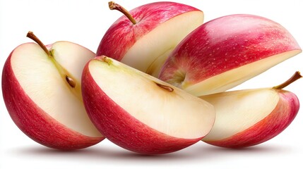Freshly cut apples showcase vibrant red skins and juicy interiors, ideal for use in health-oriented articles, culinary projects, or promotional materials for food products or nutrition services,