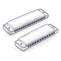 Two harmonicas on a dark background with a white outline effect