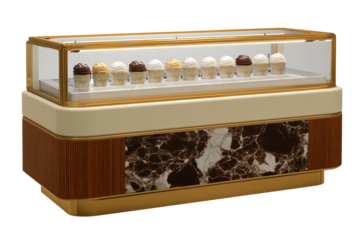 Luxury commercial refrigerated display case with gold frame glass showcase filled with gourmet ice cream cupcakes in chocolate vanilla caramel frosting on transparent background.
