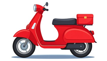 Obraz premium A vibrant red scooter with a delivery box is shown in a side profile view.
