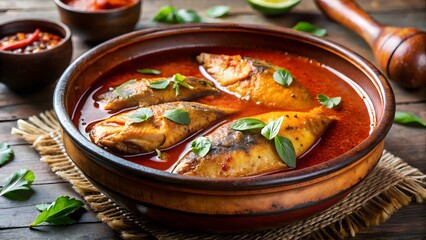 Indian authentic bengali fish curry with fresh herbs and spicy tomato sauce