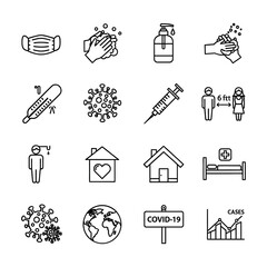 Fototapeta premium An essential line art vector icon set for COVID-19. Featuring symbols for public health, safety, and hygiene, perfect for medical content