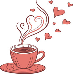Warm cup of coffee with a romantic heart shaped steam cloud
