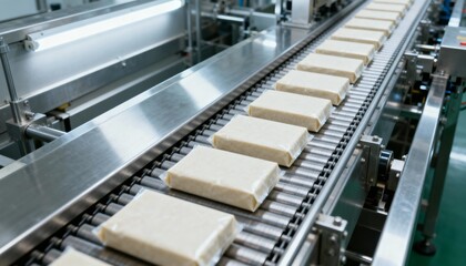 Fototapeta premium Automated Food Packaging: Products Conveyed on Stainless Steel Conveyor Belt in a Modern Food Processing Plant
