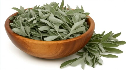 A wooden bowl filled with fresh sage leaves, highlighting their vibrant green and silvery hues, This image is ideal for culinary articles, herbal remedies, or natural product promotions,