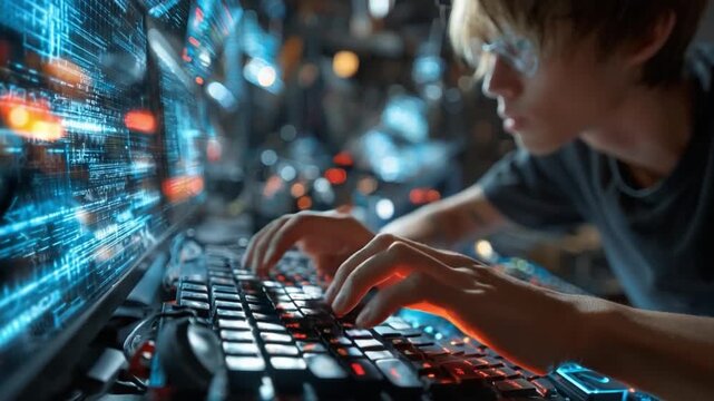 Digital Explorer: A young individual immersed in the digital frontier, their fingers dance across the keyboard, a testament to the power of the mind and technology.