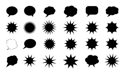 Collection of Black Speech Bubbles and Starburst Shapes on White Background