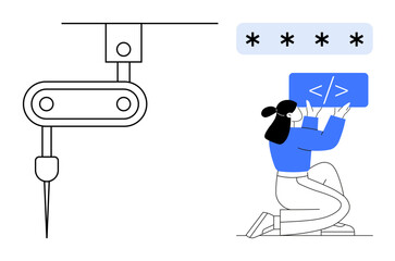 Woman interacts with a code block while a machine automation drill operates nearby. Ideal for coding, automation, technology, innovation, development, user interface design, simple landing page