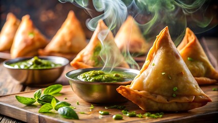Golden indian samosas steaming hot with fresh mint chutney