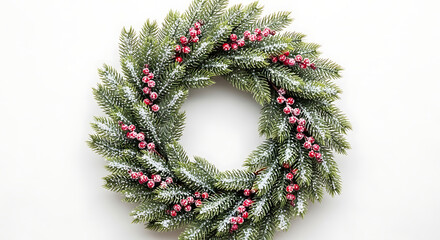 Festive Christmas wreath adorned with red berries and frosted pine branches.
