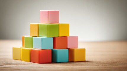 Obraz premium Colorful Wooden Building Blocks Arranged in a Pyramid Shape on a Wooden Surface, Symbolizing Growth and Development