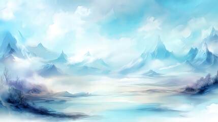 Fototapeta premium A serene landscape featuring misty mountains and a tranquil lake under a soft blue sky, perfect for creative projects, meditation, or as a backdrop for calming presentations,