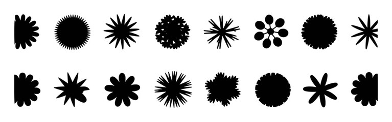 Collection of Black Silhouettes of Stylized Flowers and Starbursts