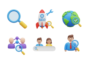 3d icon of collection of cartoon seo and business icons, isolated on transparent background
