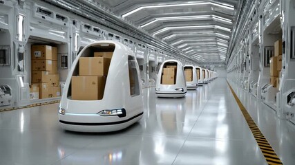 Autonomous Vehicles in Futuristic Warehouse: Futuristic self-driving pods transport packages through a sterile warehouse. Emphasizing innovation and technological efficiency. - Powered by Adobe