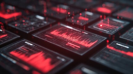 Futuristic Interface Displaying Data Visualization and Real-Time Analytics, Encrypted Cyber Security, Showing Red Alerts