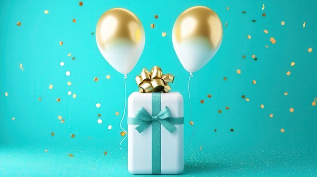 A beautifully wrapped gift box with a shiny bow and gold balloons, set against a vibrant turquoise background, perfect for celebrations, parties, or marketing events, Ideal for invitations, cards