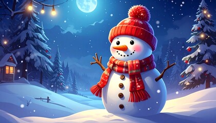 Obraz premium Cheerful Snowman in Winter Wonderland Scene.