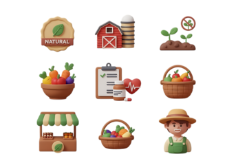 3d icon of set of farming and healthy lifestyle icons including barn, crops, produce, market stall, and farmer isolated on transparent background