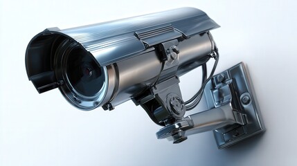 A modern surveillance camera mounted on a wall, showcasing its sleek design, Ideal for concepts related to security, technology, and safety, suitable for articles, presentations
