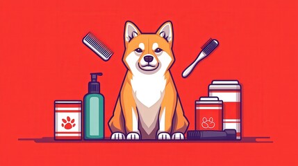 A stylized Shiba Inu is surrounded by grooming products, including brushes and bottles, against a vibrant red background, Perfect for pet grooming services or marketing pet care products,
