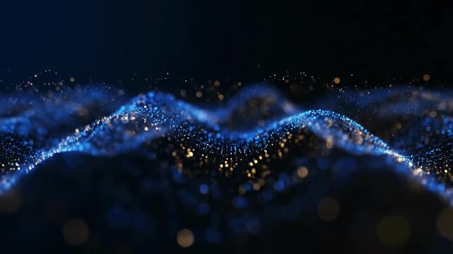 Dynamic blue and gold waveforms moving gracefully against a dark background
