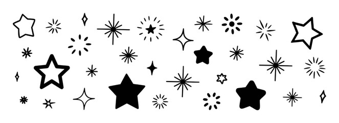 A Collection of Hand-Drawn Stars and Sparkles in Black and White