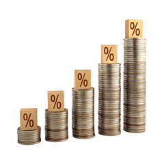Ascending Stacks of Silver Coins Topped with Wooden Cubes Showing Percentage Symbols Against a Black Background isolated on a transparent background