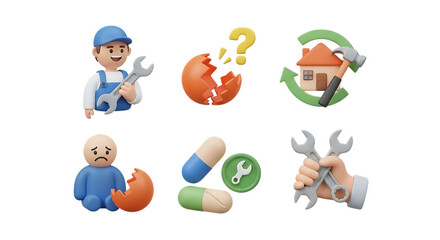 Fototapeta premium 3d icon of set of 3d icons representing repair, health, and environment isolated on transparent background
