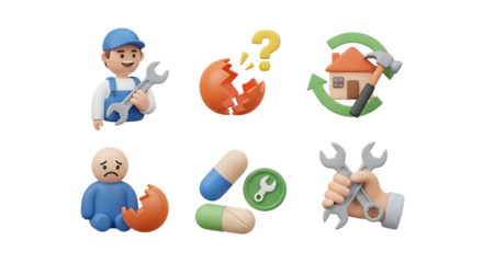 3d icon of set of 3d icons representing repair, health, and environment isolated on transparent background