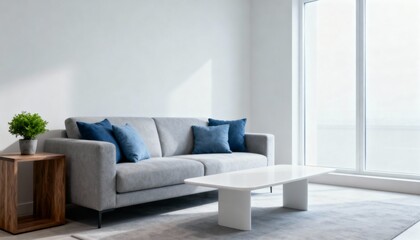 Fototapeta premium Minimalist Living Room Interior with Gray Sofa, Blue Cushions, and Natural Light for Modern Home Design
