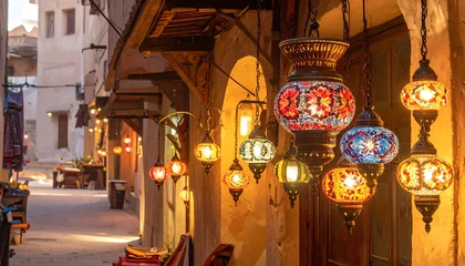 Canvas schilderij Smal steegje A narrow alleyway bathed in warm light, adorned with colorful mosaic lanterns, showcasing traditional Middle Eastern craftsmanship.  © Cahaya