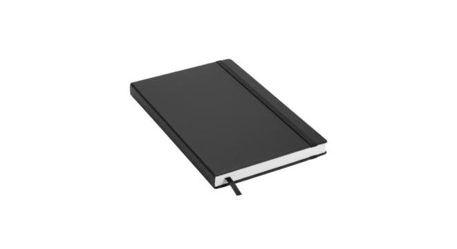 Black notebook with elastic band and white pages on transparent background  