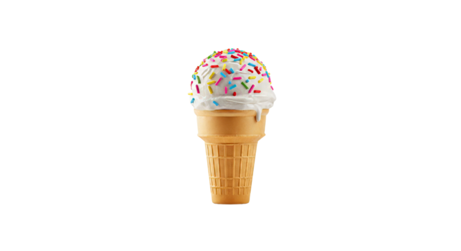 Ice cream cone with colorful sprinkles on a white background, isolated, transparent background, no background  