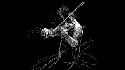 expressive white calligraphy line drawing of a violinist absorbed in their performance