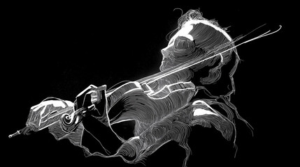 expressive white calligraphy line drawing of a violinist absorbed in their performance