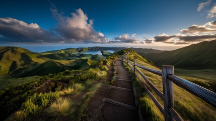 Summer adventure on an island trail: hike the mountain path across hills and valleys, with sunrise views of lake, forest, and nature in the background