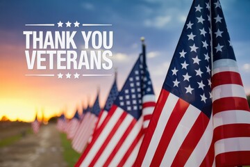 Thank you veterans message with american flags at sunset on veterans day