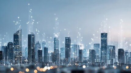 Futuristic Cityscape with Digital Network Connections, Modern Architecture, and Urban Technology Innovation for Business