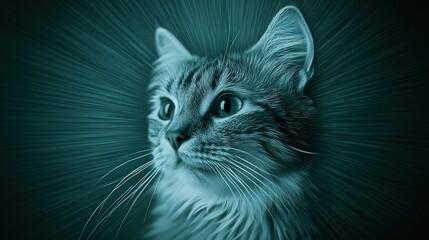 A close-up view of a cat's face, highlighted with artistic lines and a teal background, emphasizing its expressive eyes and soft fur, Ideal for animal lovers, websites, blogs, or social media posts,