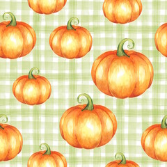 Seamless pattern featuring hand-drawn pumpkins on a green gingham background. Festive autumn design for Halloween and Thanksgiving