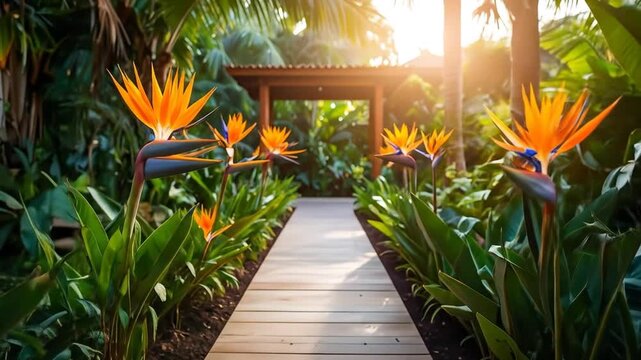 Tropical garden path with flowers  sunshine.