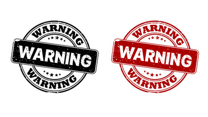 Obraz premium Grunge rubber stamp warning signs in black and red with bold distressed text inside circular badges. Vector illustration