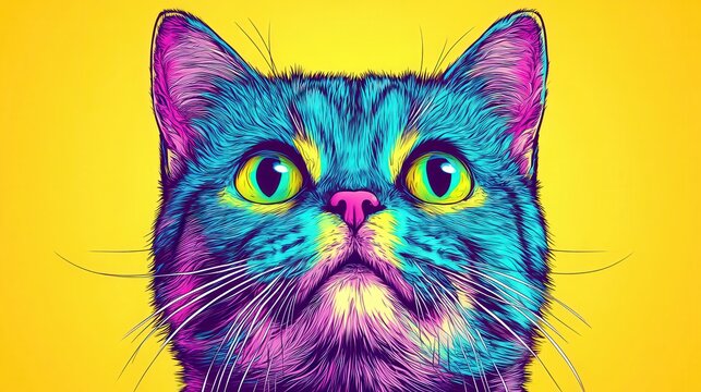 A vibrant, stylized illustration of a cat with bold colors set against a bright yellow background, This image is ideal for pet-themed products, social media posts, or artistic projects,