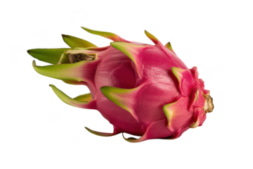 A vibrant pink dragon fruit with green scales, isolated on a transparent background, showcasing its exotic texture and unique shape, perfect for healthy eating and tropical themes