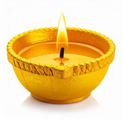 Indian popular festival happy diwali yellow oil lamp or diya on white background